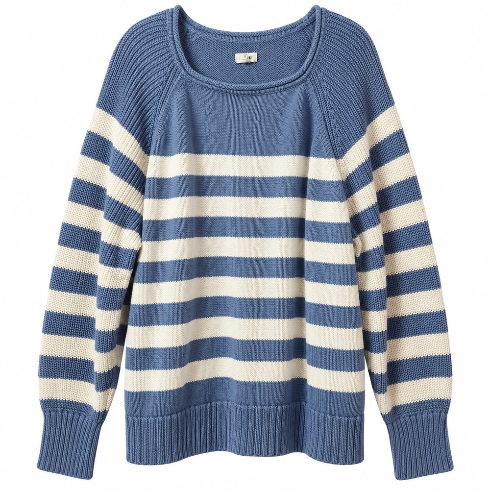 AERIE Rugby-Inspired Bold Stripe Boat Neck Cable Knit Sweater Sz XL Blue White